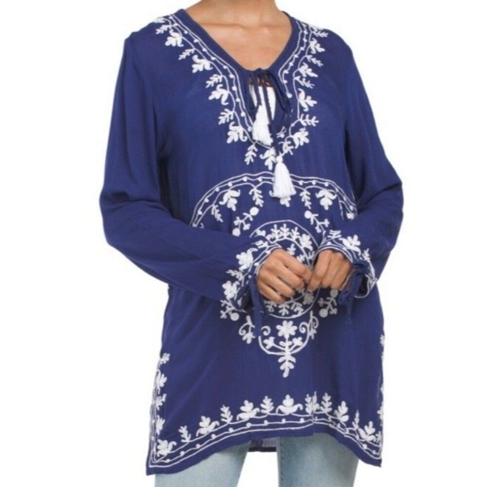 Mix Nouveau Women's Embroidered Tie Neck Tunic Navy Size L